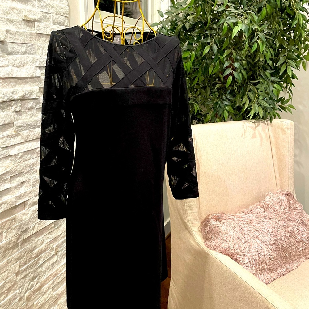 Muse- LBD, Sheer Criss-Cross Collar and Long Sleeves size 6